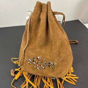 Vintage Tan Suede leather Drawstring bag with beads